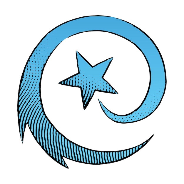 Auf dem scratchboard ist das symbol einer runden sternschnuppe mit blauer füllung eingraviert