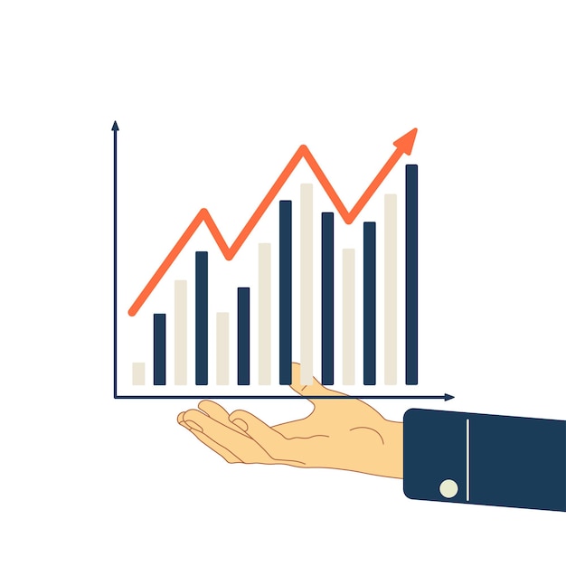 Vektor auf der handfläche einer person befindet sich ein wachsendes wirtschaftsdiagramm. fortschrittspfeil bewegt sich nach oben.