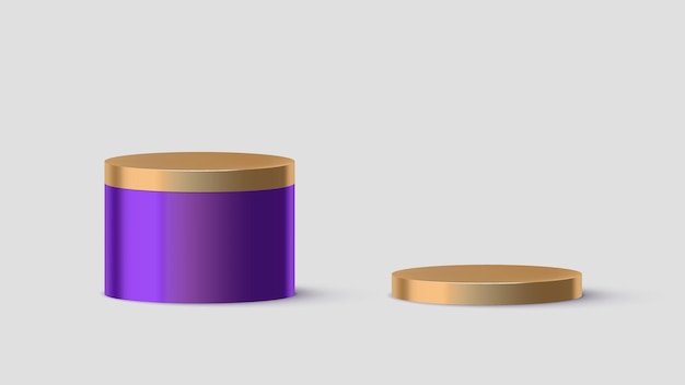 Auf einem grauen Hintergrund steht ein lila-goldener runder Behälter mit lila Deckel.