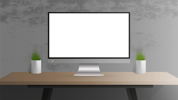 Auf einem Tisch steht ein Monitor mit weißem Bildschirm. Arbeitsplatz. Vorgefertigte Vorlage für die Werbegestaltung. Realistischer Vektor.