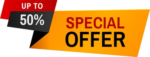 Auffälliges rotes und orangefarbenes Banner mit bis zu 50 Prozent Rabatt auf spezielles Angebot Perfekt für die Steigerung des Verkaufs und die Anziehung von Kunden online