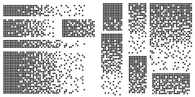 Aufgelöstes gefülltes quadratisches gepunktetes vektorsymbol mit desintegrationseffekt vektorrechteckelemente werden isoliert auf weißem hintergrund gruppiert