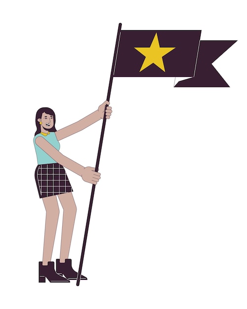 Aufgeregt jubelndes fangirl mit flagge, flache farbvektorfigur, bearbeitbarer umriss einer ganzkörperperson auf weiß, glückliches streetwear-fangirl, einfache cartoon-spot-illustration für webgrafikdesign