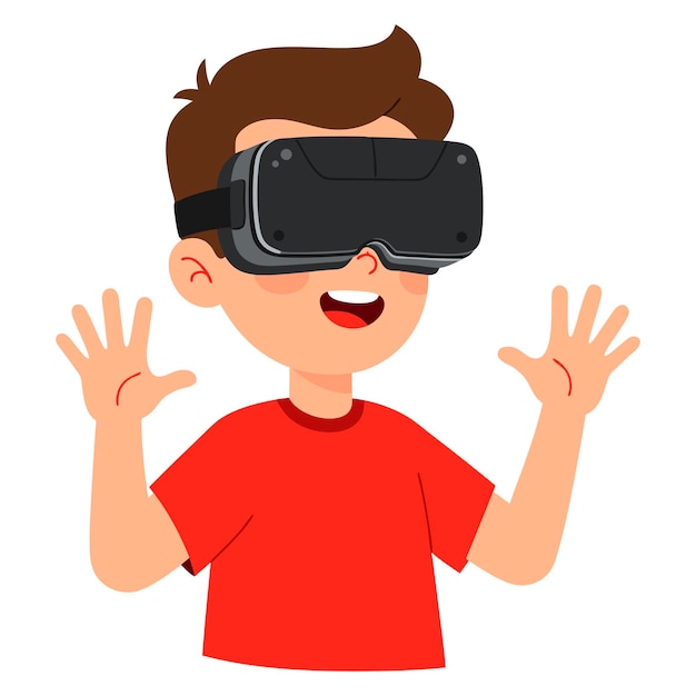 Aufgeregter Junge mit VR-Brille, der sich mit ausgestreckten Händen in die virtuelle Realität einmischt