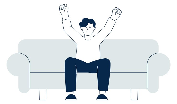 Vektor aufgeregter mann, der auf der couch sitzt person, die vor freude die hände hebt