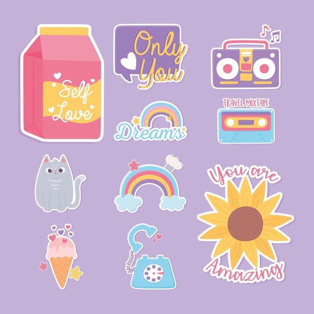 Aufkleber Dekoration Cartoon Ikonen Blume Regenbogen Katze Eiscreme Kassette Telefon Illustration