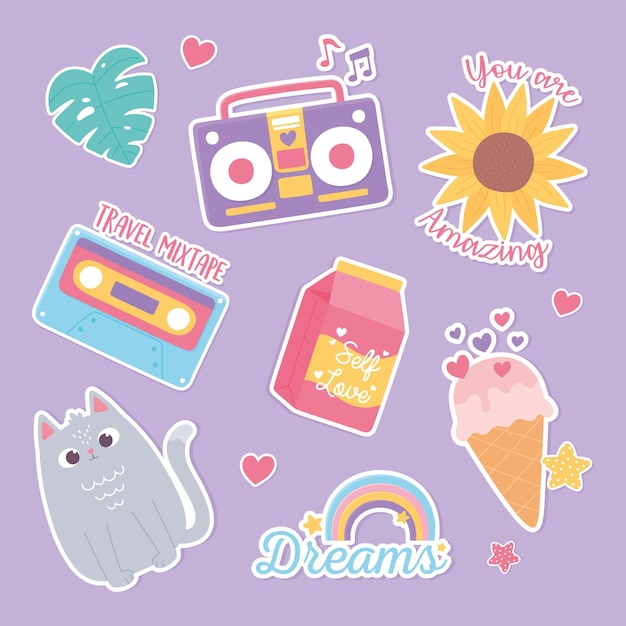 Aufkleber-Dekorationskarikatur der Regenbogenillustration der Ananasblütenblatt-Eiscreme-Katze