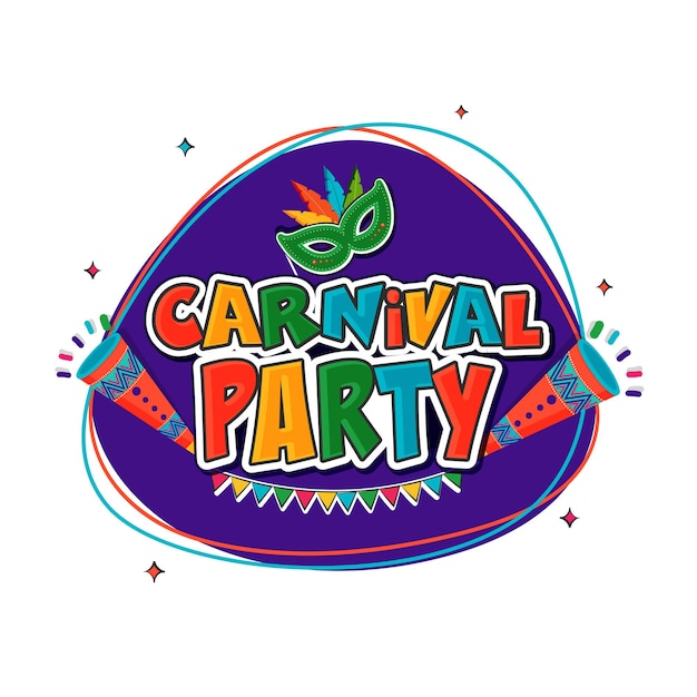 Vektor aufkleber stil bunter karnevalsparty text mit federmaske stock vuvuzela oder trompete bunting flags auf lila und weißem hintergrund