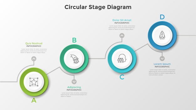 Aufsteigendes diagramm mit 4 runden weißen papierelementen. kreisförmiges bühnenbild. moderne infografik-design-vorlage. vektorillustration für geschäftswachstum und progressive entwicklungsvisualisierung.