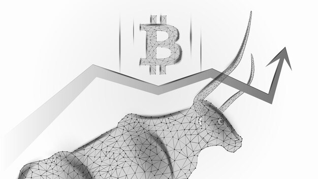 Aufwärtstrend von Bitcoin mit einem polygonalen Stier und einem Aufwärtspfeil mit BTC-Symbol auf hellem Hintergrund Moderne Neonvektorillustration