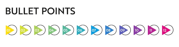 Aufzählungspunkte zahlen. bunte listenmarkierungen von 1 bis 12. vektor-design-elemente für moderne infografik.