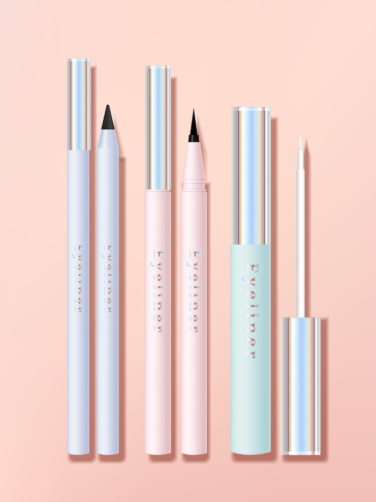 Vektor augen- oder lippenstift-stift und applikator-set mit pastellrohrflasche oder körper mit holographischem finish