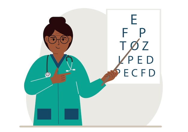 Augenarzt in der Nähe des Sehtesttisches Diagnose und Augenuntersuchung Optometrist überprüft das Sehvermögen und wählt eine Brille aus