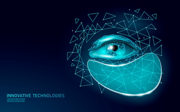 Augenschönheitsflecken. Wissenschaft Kosmetik Ad-Technologie. Frauengesicht-Anti-Aging-Lifting-Feuchtigkeitspflaster. Weibliche Spa Salon Pflege Hautbehandlung dunkle Kreise Make-up. Polygonale Darstellung.