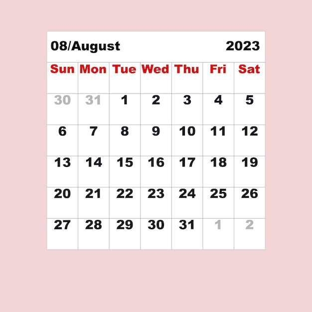 August 2023 Kalender für einen Monat in Form einer Tabelle für den Organisator oder Planer Vector