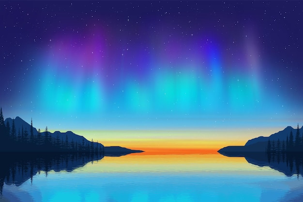 Vektor aurora borealis spiegelt sich im wasser wider winterurlaub illustration im norden