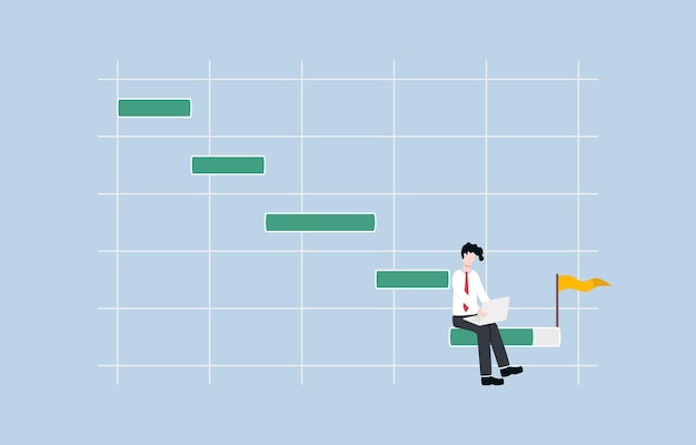 Ausführen des workflow-konzepts geschäftsmann, der den letzten horizontalen balken des projekt-gantt-diagramms bearbeitet