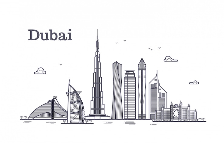 Vektor ausführliche dubai-linie vektorstadtbild mit wolkenkratzern