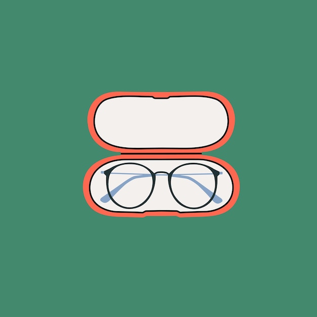 Ausgefallene brille mit farbigem rahmen in einem etui im flachen stil. optik, gutes sehvermögen, vintage-brille.