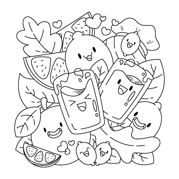Ausmalbild: Kawaii-Illustration zum Ausmalen von Getränken