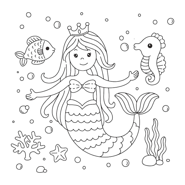 Ausmalbild: süße kleine meerjungfrau mit fisch und seepferdchen