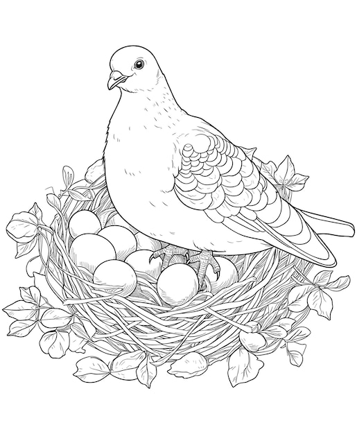 Ausmalbild: Taube sitzt in ihrem Nest mit Eiern