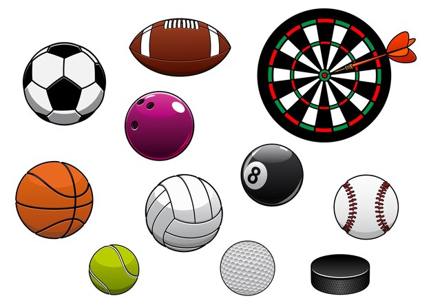 Ausrüstungen und Sportartikel mit Dartscheibe, Hockeypuck und Fußball oder Fußball, Rugby, Basketball, Volleyball, Tennis, Golf, Baseball, Billard und Bowlingkugeln