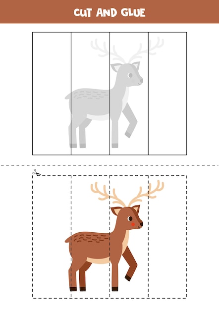 Ausschneide- und klebespiel für kinder. niedlicher cartoon-hirsch