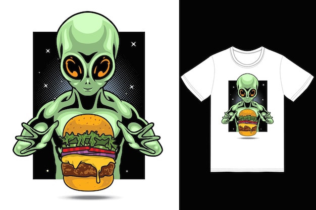 Außerirdischer, der burgerillustration mit premium-vektor des t-shirt-designs isst