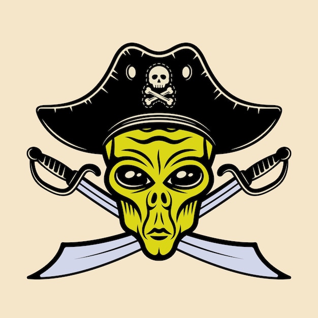 Außerirdischer kopf im piratenhut und zwei gekreuzte schwerter, vektorgrafik im farbenfrohen cartoon-stil einzeln auf hellem hintergrund