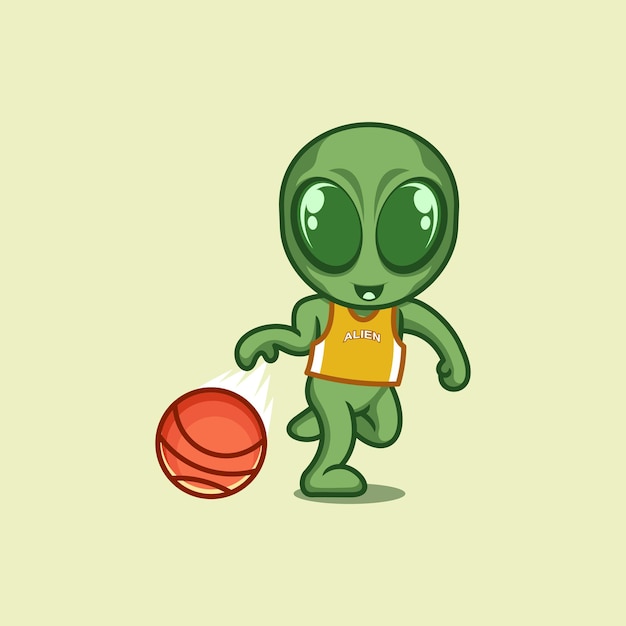 Außerirdischer niedlicher cartoon, der basketball spielt