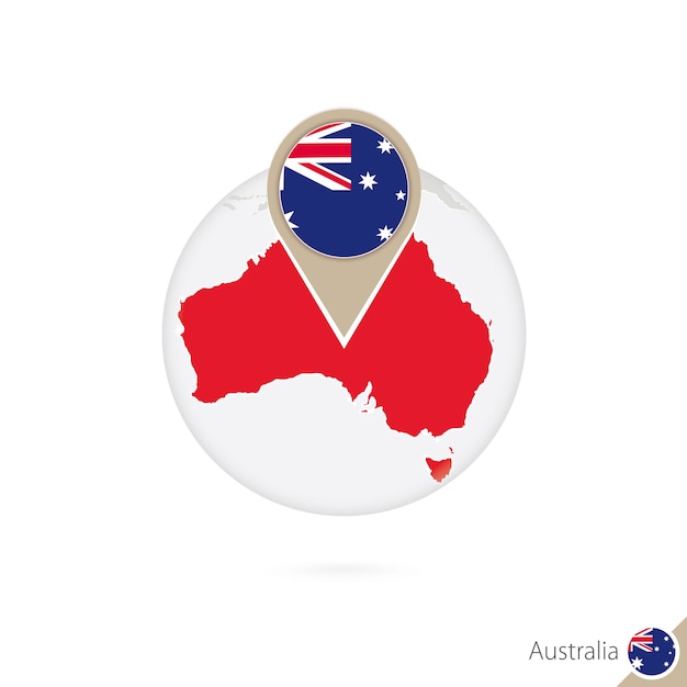 Australien-karte und flagge im kreis. karte von australien, australien-flaggenstift. karte von australien im stil des globus. vektor-illustration.