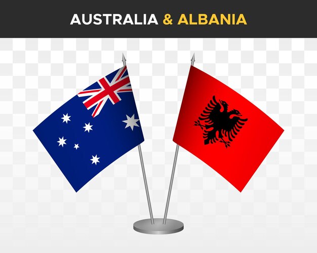 Australien vs. albanien schreibtischflaggen mockup isolierte 3d-vektorillustration tischflaggen