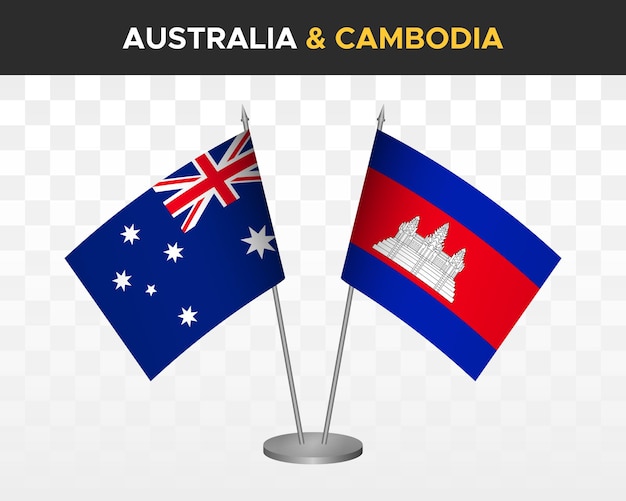 Australien vs. kambodscha tischflaggen mockup isolierte 3d-vektorillustration tischflaggen