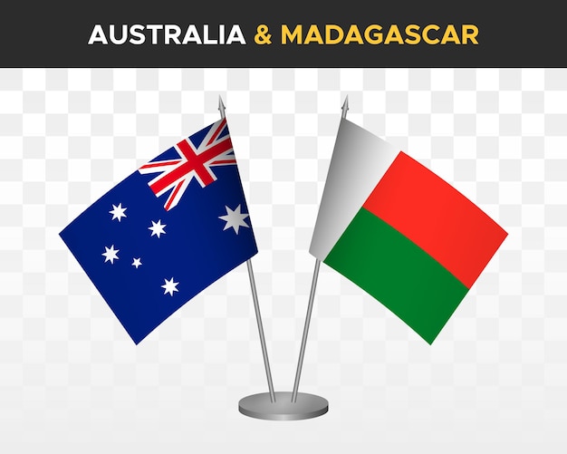 Australien vs Madagaskar Tischflaggen Mockup isolierte 3D-Vektorillustration Tischflaggen