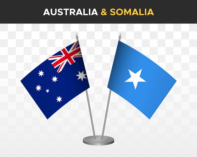 Australien vs somalia tischflaggen mockup isolierte 3d-vektorillustration tischflaggen