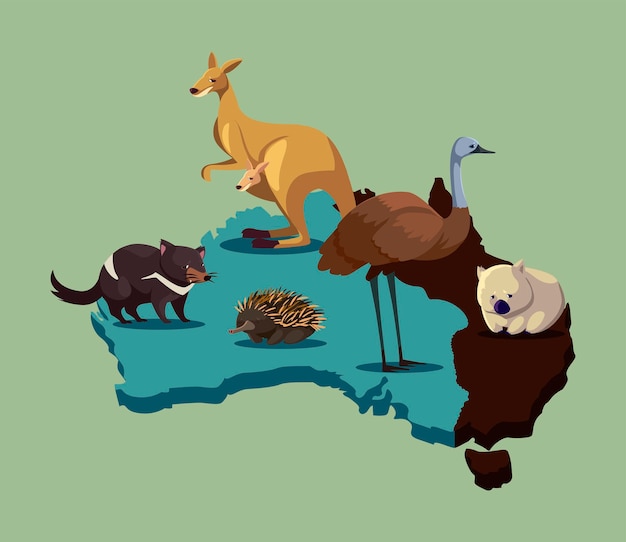 Australische tier-wildlifemap von australien mit niedlichen tier-tierillustration