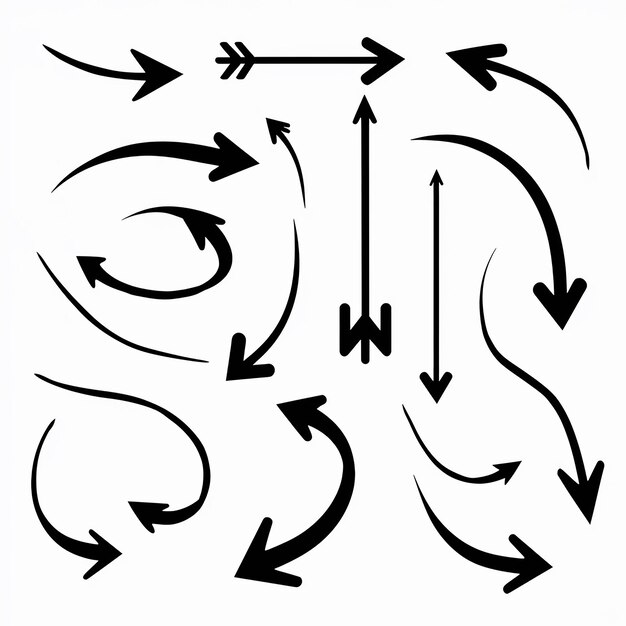 Vektor auswahl an dynamischen schwarzen pfeilen, die in richtung, länge und kurve variieren