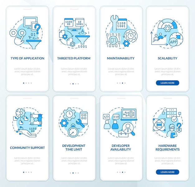 Auswahl der programmiersprache blauer onboarding-bildschirmsatz für mobile apps