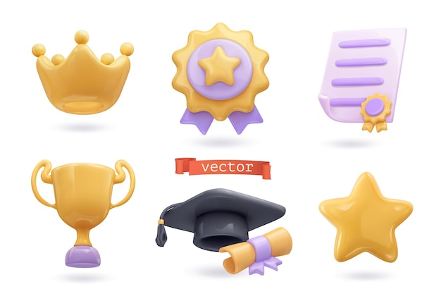 Auszeichnungen icon set kronenmedaille urkunde preis graduierung kappe stern 3d vektor render objekte