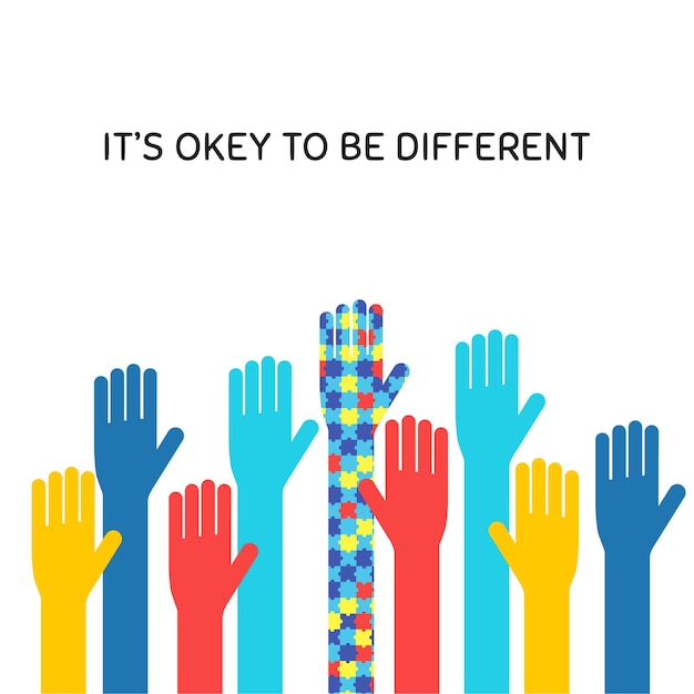 Autismus-Bewusstseinsmonat flaches Bannerkonzept. Autistische Kinder unterstützen das Symbol mit seinem Okay, ein anderer Satz zu sein. Bunte Illustration der angehobenen Hände mit Typografie. ASD-Syndrom-Toleranz