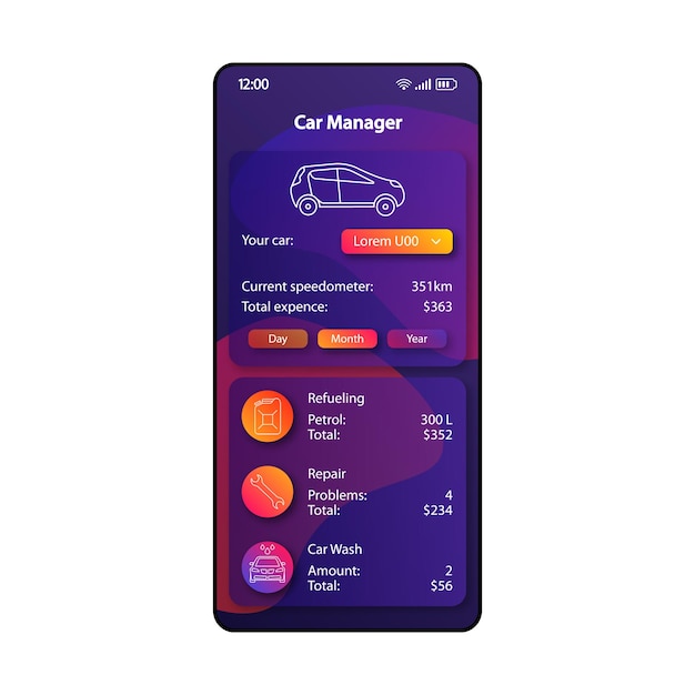 Auto-Ausgaben-Organisator Smartphone-Schnittstelle Vektorvorlage Farbdesign-Layout der mobilen App-Seite Kraftstoffreparaturkosten-Bildschirm Flache Benutzeroberfläche für die Anwendung Telefonanzeige des Fahrzeugwartungsmanagers
