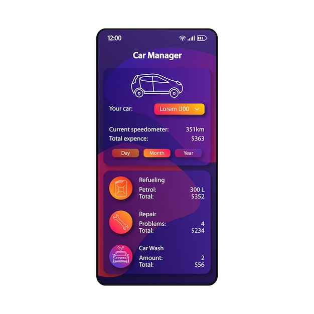 Auto-ausgaben-organisator smartphone-schnittstelle vektorvorlage farbdesign-layout der mobilen app-seite kraftstoffreparaturkosten-bildschirm flache benutzeroberfläche für die anwendung telefonanzeige des fahrzeugwartungsmanagers