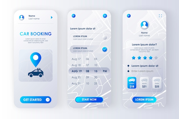 Auto buchen einzigartiges neomorphes Kit für App. Benutzeroberfläche des Carsharing-Dienstes, UX-Vorlagensatz. Online-Mietwagenbildschirme mit Preisen, Kalenderplaner und Bewertung. GUI für reaktionsschnelle mobile Anwendungen.