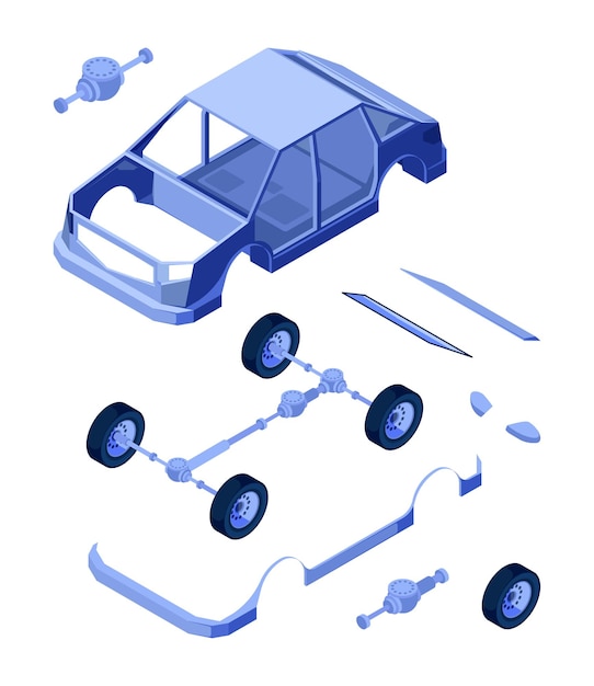 Auto detaillierte isometrische auto-service-tools fahrzeugteile motorfilter bearbeitete schalldämpfer fahrzeuge räder grelles vektorerstellungskit