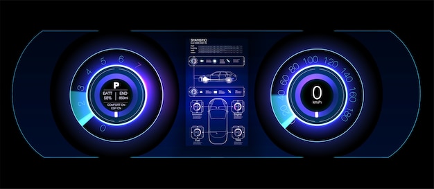 Auto-HUD-Dashboard. Abstrakte virtuelle grafische Berührungsbenutzeroberfläche. Futuristische Benutzeroberfläche HUD und Infografik Elemente.