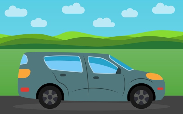Auto im Hintergrund der Naturlandschaft tagsüber. Vektor-Illustration.