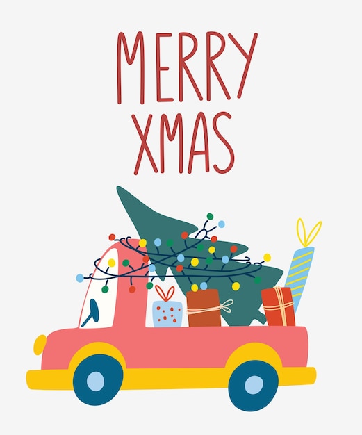 Auto mit weihnachtsbaum und geschenkboxen auf dem dach. beschriftung. flaches designelement für die winterferiensaison des neuen jahres. cartoon-vektor-illustration.