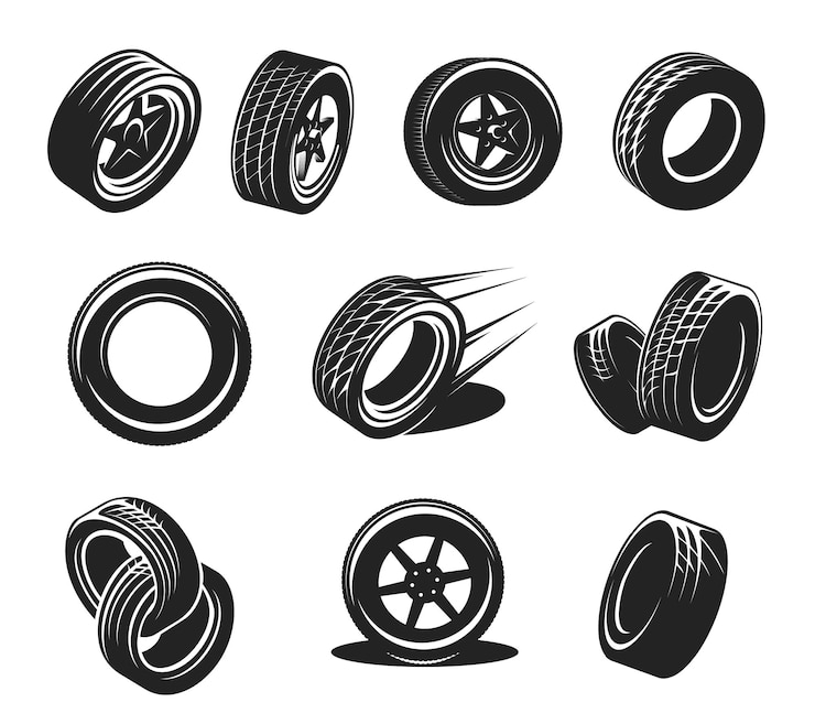 Vektor auto rad reifen felgenscheibe grafik retro-icons gesetzt