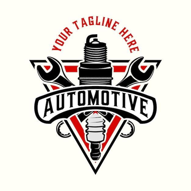 Vektor auto-reparaturwerkstatt-logo schraubenschlüssel und zündkerz als symbol für eine auto- oder motorradreparaturwerkstatt